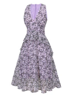 Purple 1930s Butterfly V-Neck Sleeveless Dress -BUNBUN Fancy Clothing Shop SCH001058 2
