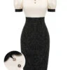 Black & Beige 1960s Puff Sleeve Pencil Dress -BUNBUN Fancy Clothing Shop SCH001068 01