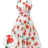 White 1950s Watercolor Rose Halter Dress -BUNBUN Fancy Clothing Shop SCHL000010 01