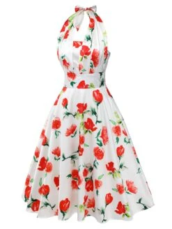 White 1950s Watercolor Rose Halter Dress -BUNBUN Fancy Clothing Shop SCHL000010 2