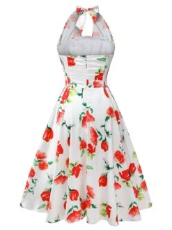 White 1950s Watercolor Rose Halter Dress -BUNBUN Fancy Clothing Shop SCHL000010 3