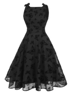 Black 1950s Butterfly Flocking Mesh Dress -BUNBUN Fancy Clothing Shop SCHL000023 2