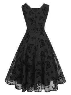 Black 1950s Butterfly Flocking Mesh Dress -BUNBUN Fancy Clothing Shop SCHL000023 3