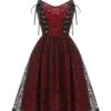 Wine Red 1980s Skull Pattern Gothic Style Dress -BUNBUN Fancy Clothing Shop SCHL000026 1 compressed 4