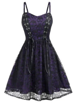 Blue 1980s Skull Pattern Gothic Style Dress -BUNBUN Fancy Clothing Shop SCHL000026 DP 1 3