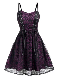 Wine Red 1980s Skull Pattern Gothic Style Dress -BUNBUN Fancy Clothing Shop SCHL000026 VI 1 4