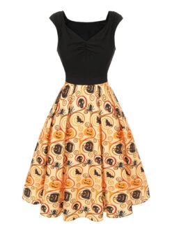 Black & Yellow 1950s Pumpkin Bat Spider Dress 10 Black & Yellow 1950s Pumpkin Bat Spider Dress -BUNBUN Fancy Clothing Shop SCHL000029 1