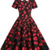 1950s Cherry Sweetheart Short Sleeve Lace Up Dress -BUNBUN Fancy Clothing Shop SCHL000113 B 1