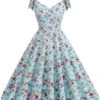 1950s Floral Lace-Up Shoulder V-Neck Swing Dress -BUNBUN Fancy Clothing Shop SCHL000114 BL 1