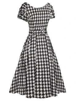 Black 1950s Houndstooth Short Sleeve Belted Dress -BUNBUN Fancy Clothing Shop SCHL000128 2 compressed