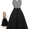 Black 1950s Stripe Lapel Halter Patchwork Dress -BUNBUN Fancy Clothing Shop SCHL000146 01