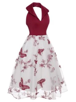 Wine Red 1950s Butterfly Lapel Mesh Dress 11 Wine Red 1950s Butterfly Lapel Mesh Dress -BUNBUN Fancy Clothing Shop SCHL000309 2 compressed