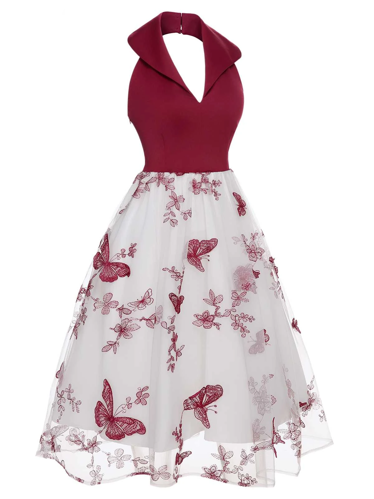 Wine Red 1950s Butterfly Lapel Mesh Dress 5 Wine Red 1950s Butterfly Lapel Mesh Dress - Image 3