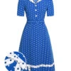 Blue & White 1940s Polka Dot Lapel Dress -BUNBUN Fancy Clothing Shop SCHL000451 01