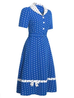 Blue & White 1940s Polka Dot Lapel Dress 11 Blue & White 1940s Polka Dot Lapel Dress -BUNBUN Fancy Clothing Shop SCHL000451 2