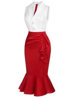 Red & White 1930s Sleeveless Slit Fishtail Dress -BUNBUN Fancy Clothing Shop SCHL000566 2 compressed