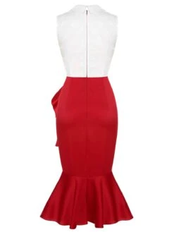 Red & White 1930s Sleeveless Slit Fishtail Dress -BUNBUN Fancy Clothing Shop SCHL000566 3 compressed