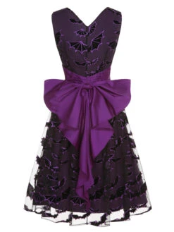 Deep Purple 1950s Halloween Bat Bow Dress -BUNBUN Fancy Clothing Shop SCHL000582 3