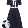 Dark Blue & White 1940s Sailor Collar Dress -BUNBUN Fancy Clothing Shop SCHL000613 01