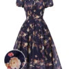 Navy Blue Floral Bubble Sleeves Dress 1 Navy Blue Floral Bubble Sleeves Dress -BUNBUN Fancy Clothing Shop SCHL000667 01