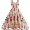 1950s Embroidered Floral V-Neck Swing Dress -BUNBUN Fancy Clothing Shop SCHL000671 R