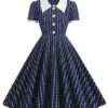 1950s Lapel Vertical Stripes Swing Dress -BUNBUN Fancy Clothing Shop SCHL000676 NB
