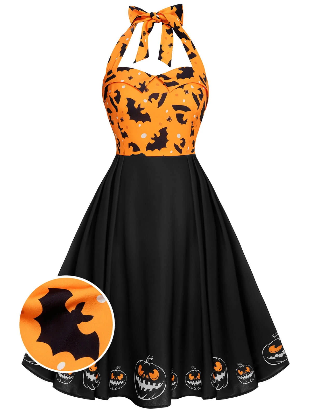 Black 1950s Halloween Pumpkin Bat Halter Dress 3 Black 1950s Halloween Pumpkin Bat Halter Dress