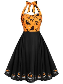 Black 1950s Halloween Pumpkin Bat Halter Dress 12 Black 1950s Halloween Pumpkin Bat Halter Dress -BUNBUN Fancy Clothing Shop SCHL000732 1