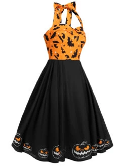 Black 1950s Halloween Pumpkin Bat Halter Dress 13 Black 1950s Halloween Pumpkin Bat Halter Dress -BUNBUN Fancy Clothing Shop SCHL000732 2