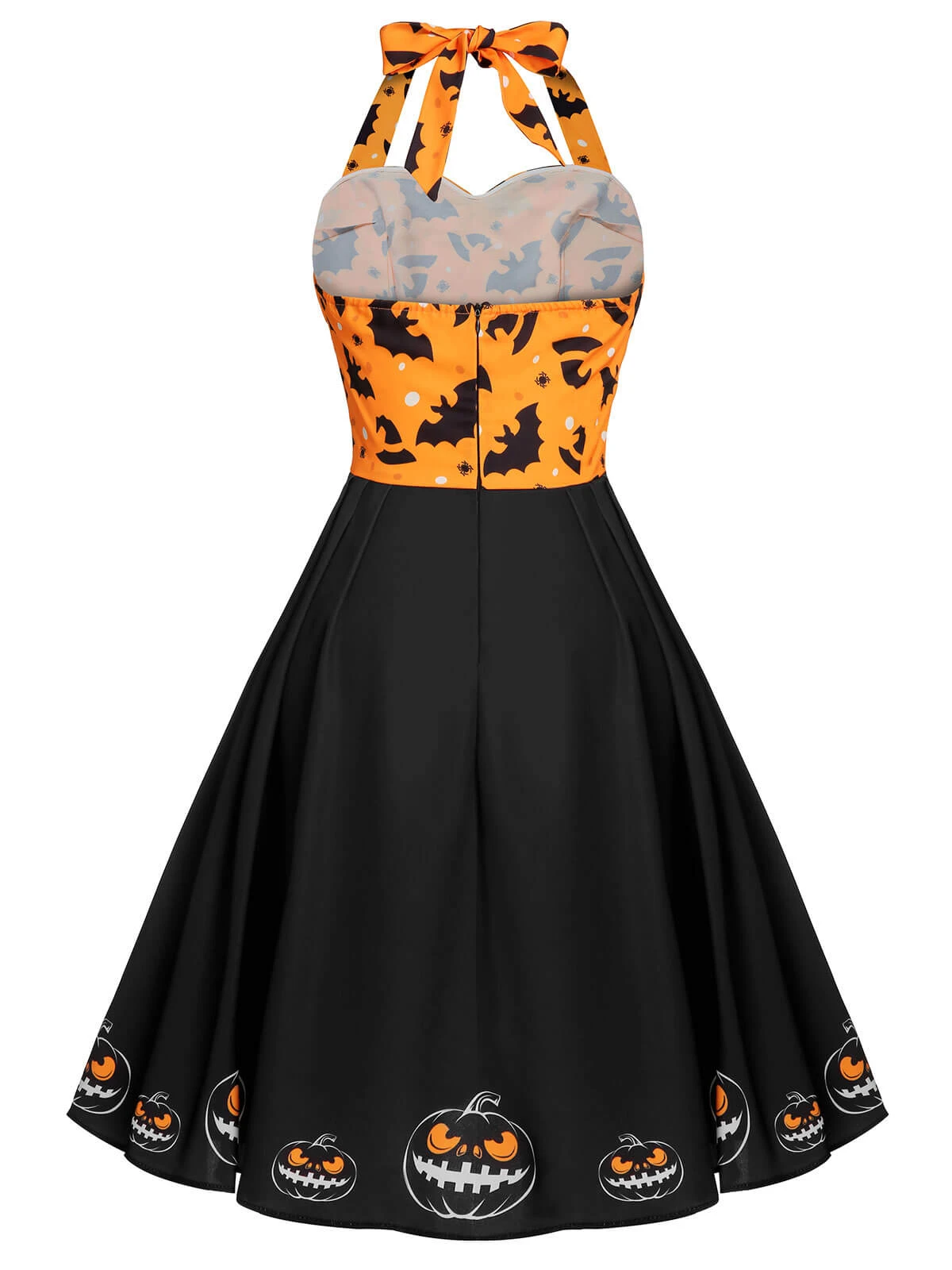 Black 1950s Halloween Pumpkin Bat Halter Dress 7 Black 1950s Halloween Pumpkin Bat Halter Dress - Image 5