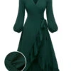 Green 1950s Lantern Sleeve Wrap V-Neck Dress -BUNBUN Fancy Clothing Shop SCHL000775 01