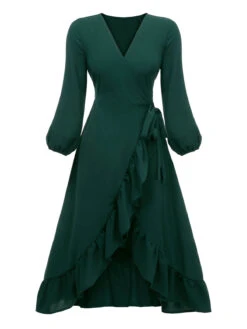 Green 1950s Lantern Sleeve Wrap V-Neck Dress -BUNBUN Fancy Clothing Shop SCHL000775 1