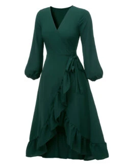 Green 1950s Lantern Sleeve Wrap V-Neck Dress -BUNBUN Fancy Clothing Shop SCHL000775 2