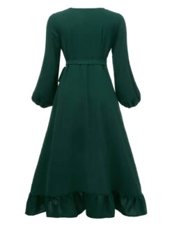 Green 1950s Lantern Sleeve Wrap V-Neck Dress -BUNBUN Fancy Clothing Shop SCHL000775 3