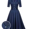 Blue 1940s Solid Short Sleeves Lapel Dress 2 Blue 1940s Solid Short Sleeves Lapel Dress -BUNBUN Fancy Clothing Shop SCHL000804 01 compressed