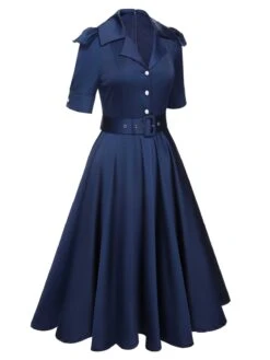 Blue 1940s Solid Short Sleeves Lapel Dress -BUNBUN Fancy Clothing Shop SCHL000804 2 compressed