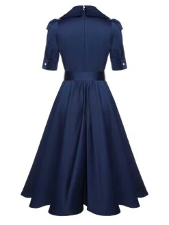 Blue 1940s Solid Short Sleeves Lapel Dress -BUNBUN Fancy Clothing Shop SCHL000804 3 compressed