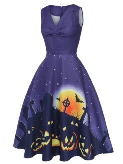 Deep Purple 1950s Halloween V-Neck Swing Dress -BUNBUN Fancy Clothing Shop SCHL000813 2