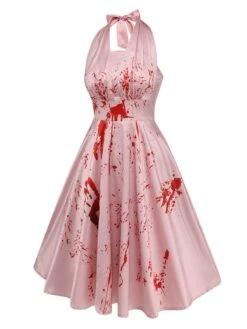 Pink 1950s Halloween Bloodstain Halter Dress -BUNBUN Fancy Clothing Shop SCHL000825 2 compressed