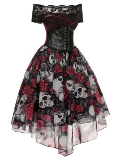 1950s Halloween Skull Rose Lace Mesh Dress -BUNBUN Fancy Clothing Shop SCHL000827 2 compressed
