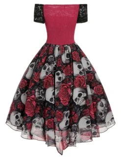 1950s Halloween Skull Rose Lace Mesh Dress -BUNBUN Fancy Clothing Shop SCHL000827 3 compressed