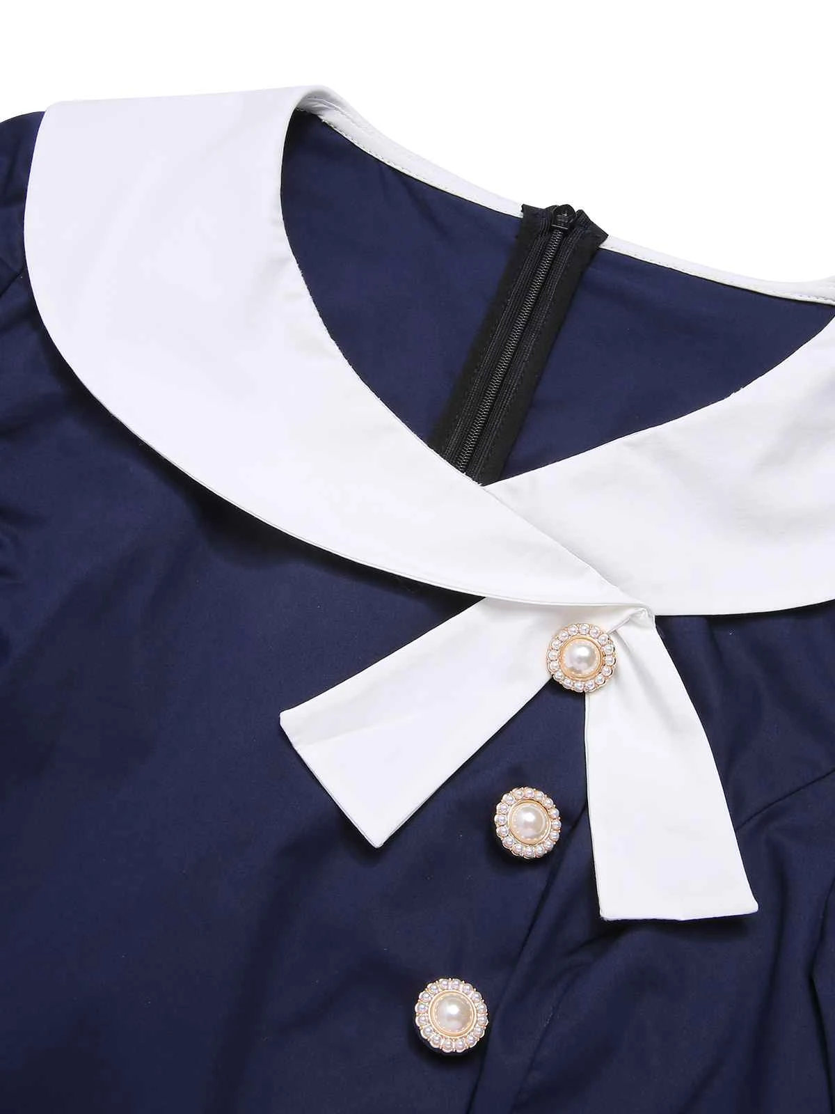 Dark Blue 1950s Lapel Patchwork Dress 7 Dark Blue 1950s Lapel Patchwork Dress - Image 5