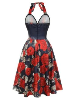 Black 1950s Sweetheart Skeleton Rose Swing Dress -BUNBUN Fancy Clothing Shop SCHL000859 3 compressed