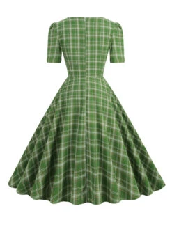 1950s Gingham Plaid Square Neck Flared Dress -BUNBUN Fancy Clothing Shop SCHL000999 GR 3