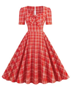1950s Gingham Plaid Square Neck Flared Dress -BUNBUN Fancy Clothing Shop SCHL000999 R 1