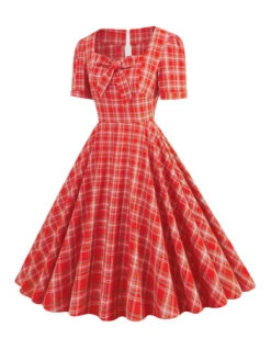 1950s Gingham Plaid Square Neck Flared Dress -BUNBUN Fancy Clothing Shop SCHL000999 R 2