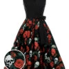 Black 1950s Halloween Skull Rose Sleeveless Dress