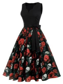 Black 1950s Halloween Skull Rose Sleeveless Dress -BUNBUN Fancy Clothing Shop SCHL001035 2