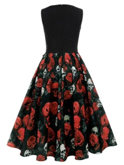 Black 1950s Halloween Skull Rose Sleeveless Dress -BUNBUN Fancy Clothing Shop SCHL001035 3