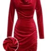 Red 1960s Swing Collar Velvet Pencil Dress